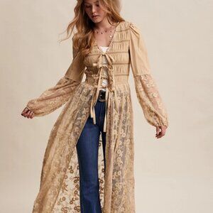 . Lace-Up Embroidered Maxi Kimono S-L